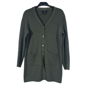 Sarah Spencer Italian Merino Long Cardigan Womens M Olive Green Duster Sweater
